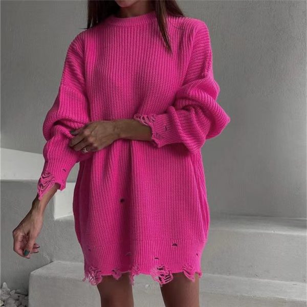 Trending Casual streetwear round neck Loose knitted solid color ripped sweater dress for omen