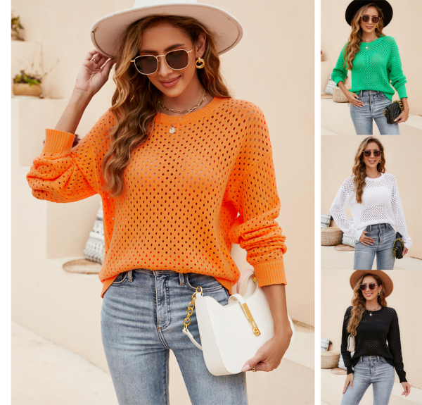 Autumn winter basic jumpers hollow out see through knitwear round neck casual pullover solid color sweaters for women