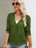 women hollow out sweater v neck Long Sleeve knitwear winter solid color knitted elegant cardigan