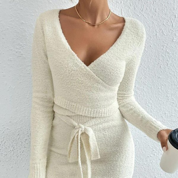 Hot selling V neck bandage knitwear casual loungewear women bodycon sexy knitted two piece dress set