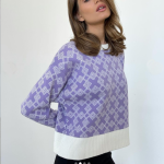 round neck jacquard knitwear women short plaid loose jumper color blocking sweaters