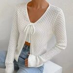 Trending fashion women casual High quality lace up knitwear hollow out long sleeve sweater cardigan coat