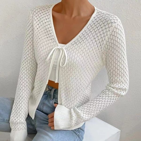 Trending fashion women casual High quality lace up knitwear hollow out long sleeve sweater cardigan coat