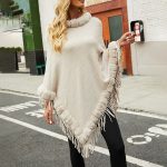New Design Faux Fur Lined Collar Pullover Loose Sweater Poncho Oversize solid color warm tippet For Women