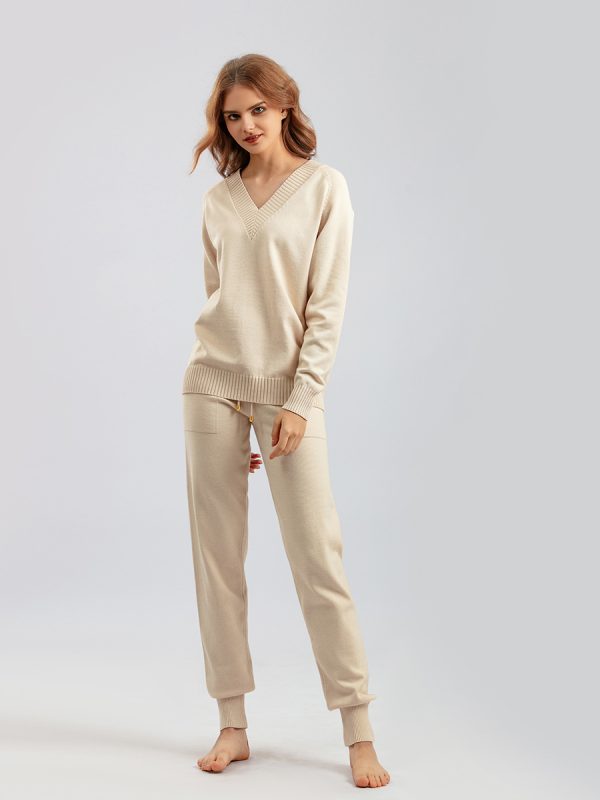New style sweater Harun 2 piece outfits v neck casual knitwear pullover women knitted two piece pants set
