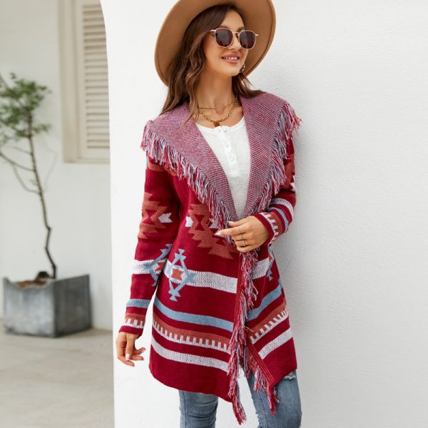 fashion women sweaters hooded knitted tassel cardigan jacquard sweater
