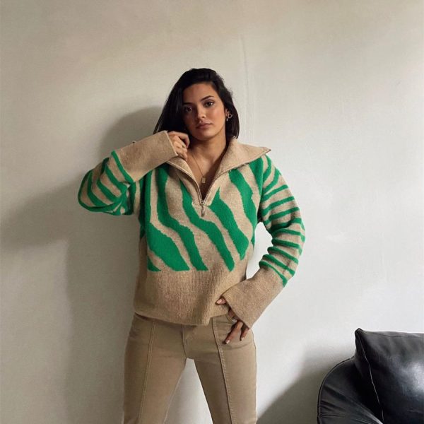 autumn winter thicken half collar Zipper knitwear pullover loose casual color blocking sweater mujer 2026
