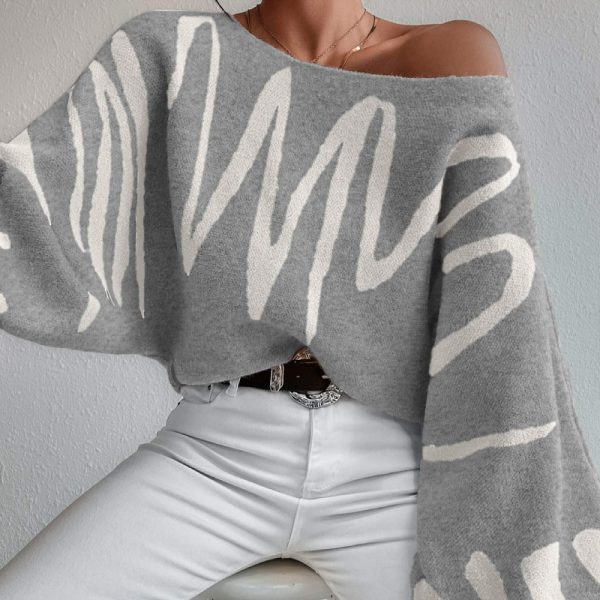Autumn winter lantern sleeve jumpers crew neck oversize women off shoulder fashion sweaters