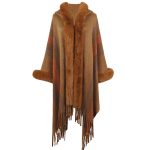 Hooded shawl women cappa autumn winter fur collar sweaters coats striped knitted fringe cape