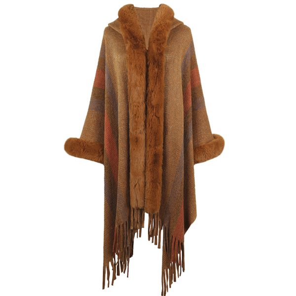Hooded shawl women cappa autumn winter fur collar sweaters coats striped knitted fringe cape