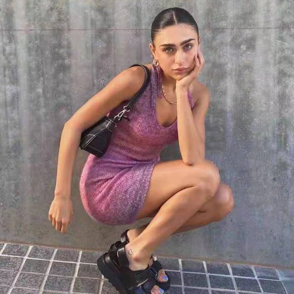 high quality halter backless sexy women skirts summer beach outfits sleeveless knitted gradient color long strap dress