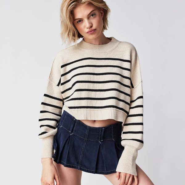 clothing round neck casual knitwear pullover striped oversize long sleeve short cropped sweaters women