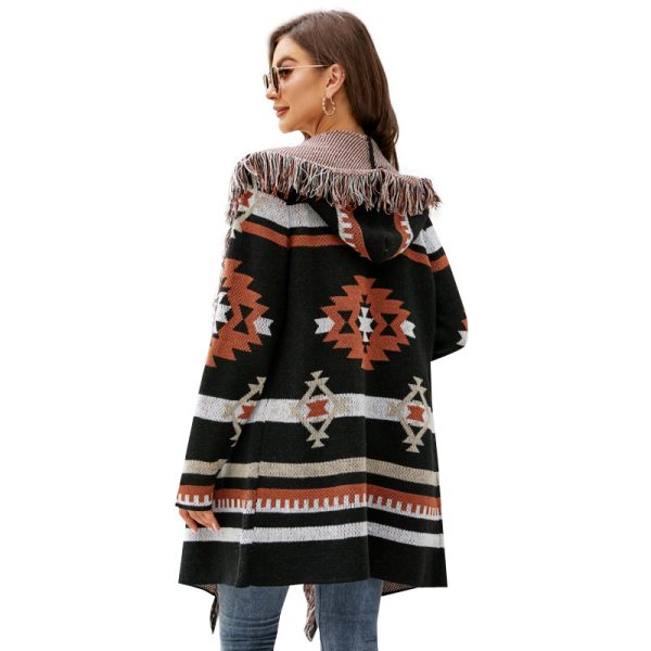 fashion women sweaters hooded knitted tassel cardigan jacquard sweater