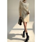 pure color asymmetrical neck pullover knitwear elegant Design sense niche knit dress women long sleeve base skirts