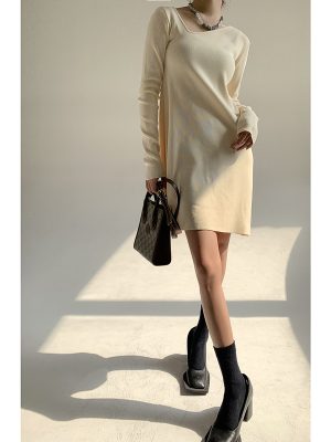 pure color asymmetrical neck pullover knitwear elegant Design sense niche knit dress women long sleeve base skirts