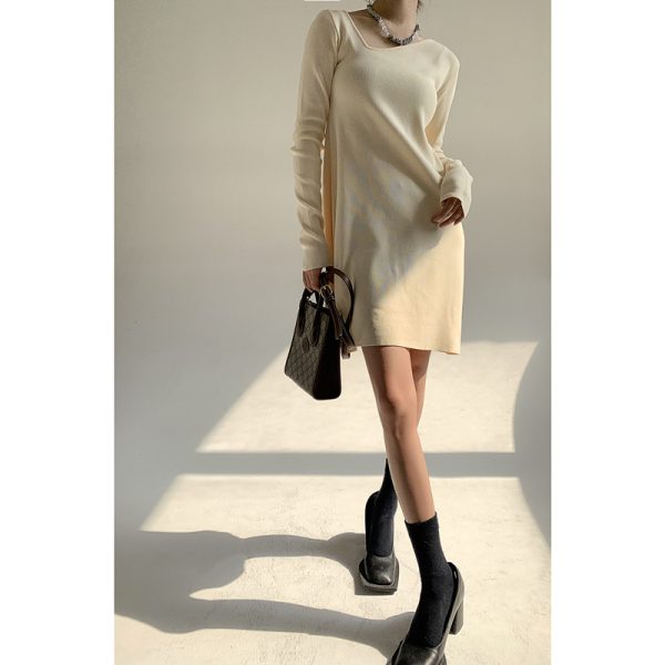 pure color asymmetrical neck pullover knitwear elegant Design sense niche knit dress women long sleeve base skirts