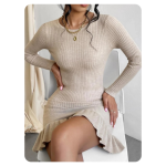 High quality women fashion pullover pure color round neck sexy slim fit ruffles bodycon knitted short dress