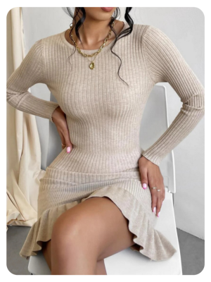 High quality women fashion pullover pure color round neck sexy slim fit ruffles bodycon knitted short dress