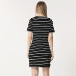 women round neck short sleeve pullover knitwear slim fit Striped elegant A-line knitted dress