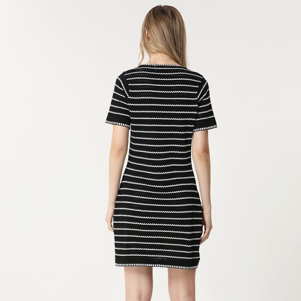 women round neck short sleeve pullover knitwear slim fit Striped elegant A-line knitted dress