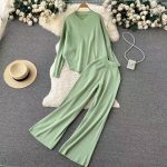 Hot selling pure color women loungewear elegant pullover loose knitted wide leg pants 2 piece set women