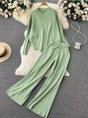 Hot selling pure color women loungewear elegant pullover loose knitted wide leg pants 2 piece set women