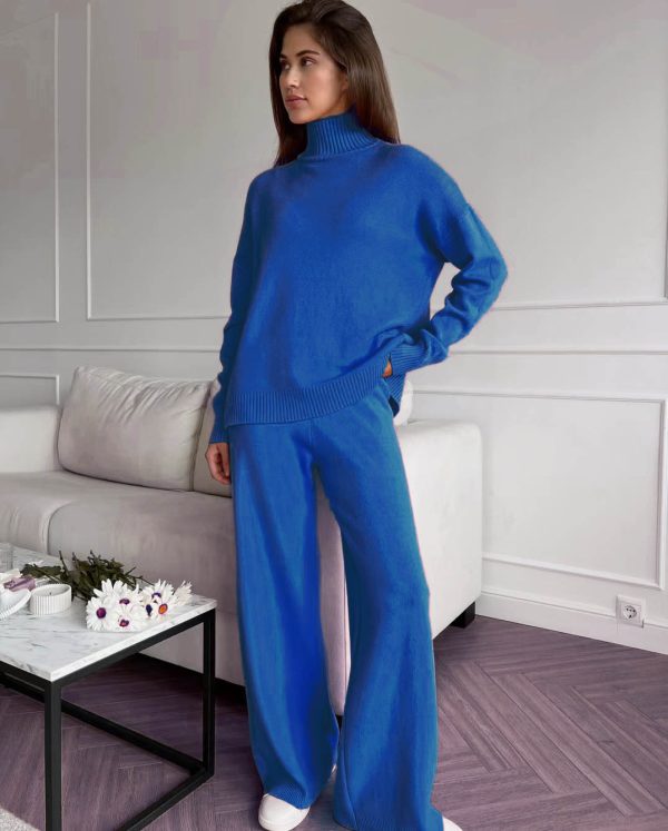 clothing color blocking conjuntos para mujeres turtleneck sweater wide leg pants 2 piece set women loungewear