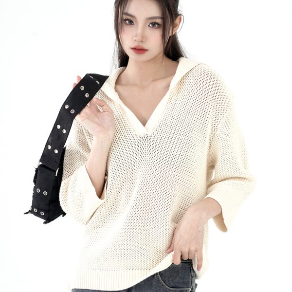 Trending fashion solid color casual knitwear pullover turn down collar hollow out sweaters women