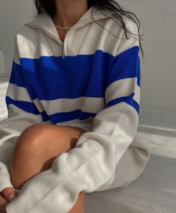Turn down collar striped knitwear color blocking loose pullover casual women mini half zipper dress