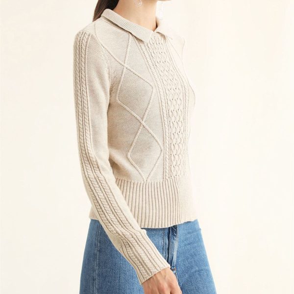 New design spring summer lapel collar cable knit sweaters women pullover long sleeve knitted sweater