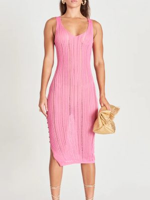 2026 Women clothing V neck knitted sexy hollow out one piece temperament slim waist side slit midi dress