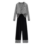 New arrivals women elegant single-breasted cardigans knit high waist pants set color blocking 2 piece matching outfits