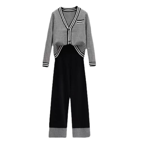 New arrivals women elegant single-breasted cardigans knit high waist pants set color blocking 2 piece matching outfits