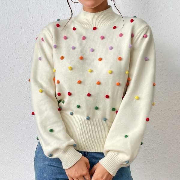 New arrivals Loose Elegant Colored beaded knitwear round neck pullover puff sleeve casual sweater women