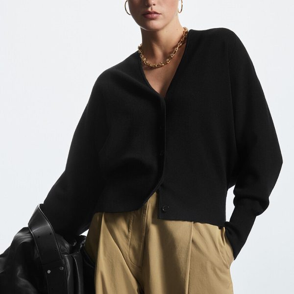V neck single-breasted sweaters coat slim fit waist jumpers solid color elegant women cardigans