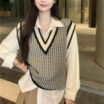 v neck autumn winter knitwear sleeveless vest color blocking loose unisex casual sweaters