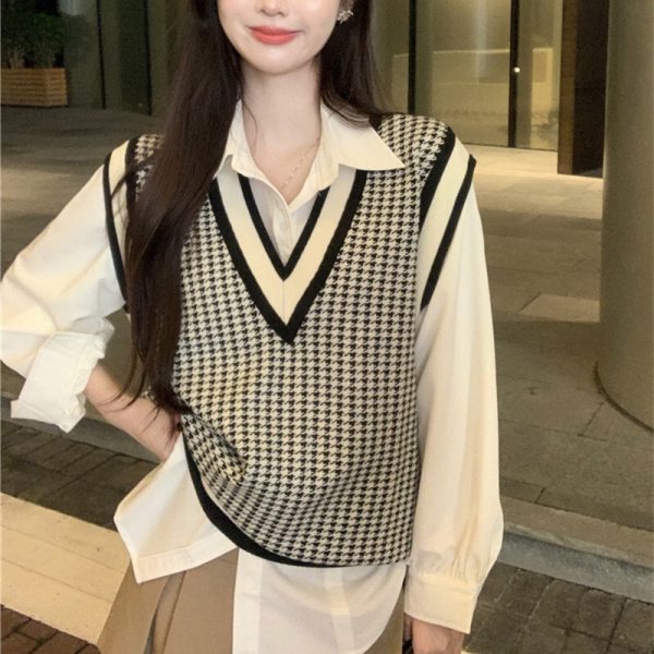 v neck autumn winter knitwear sleeveless vest color blocking loose unisex casual sweaters