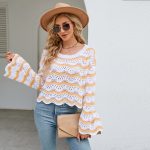 round neck striped sweaters women pullover oversize hollow out wave edge beach wear jumper mujer