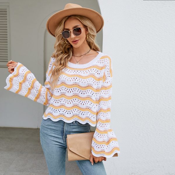 round neck striped sweaters women pullover oversize hollow out wave edge beach wear jumper mujer