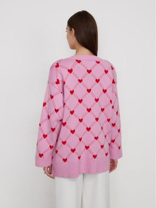 Fall winter V-neck single-breasted button knitwear oversize casual women Love heart jacquard cardigan sweater
