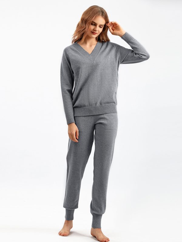 New style sweater Harun 2 piece outfits v neck casual knitwear pullover women knitted two piece pants set
