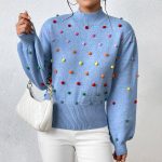 New arrivals Loose Elegant Colored beaded knitwear round neck pullover puff sleeve casual sweater women