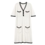 High quality elegant v neck knitwear temperament commuter pullover ladies striped midi knitted dress with pockets