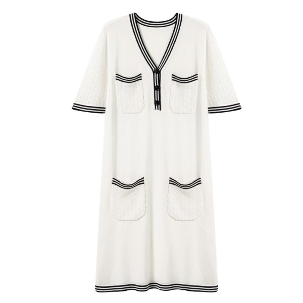 High quality elegant v neck knitwear temperament commuter pullover ladies striped midi knitted dress with pockets