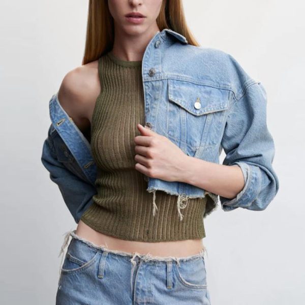 Spring Summer Sleeveless round neck thin slim fit Rib knitwear Casual striped hollow out breathable wool vest