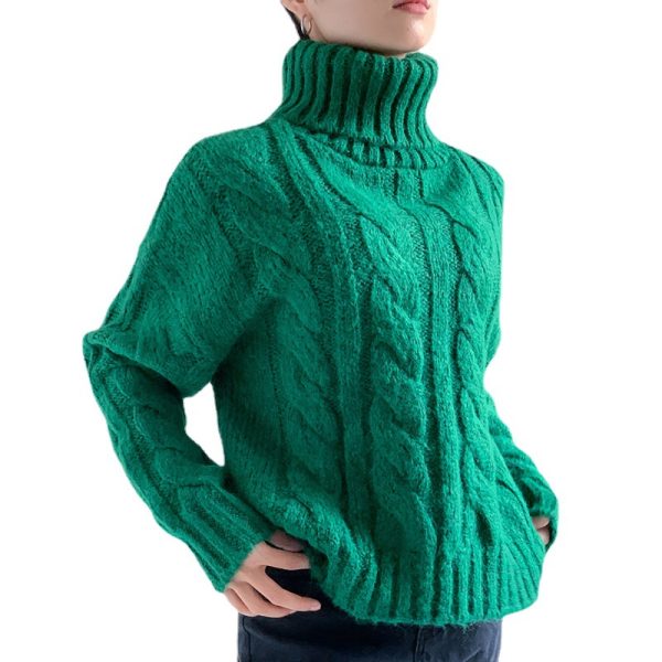 Senior sense retro green twisted lazy wind knitted jumper thicken loose heavyweight outerwear turtleneck sweaters women