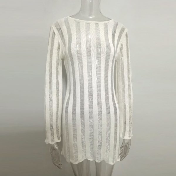 Summer fashion round neck long sleeve knitwear one piece hollow out knitted short sexy dress women