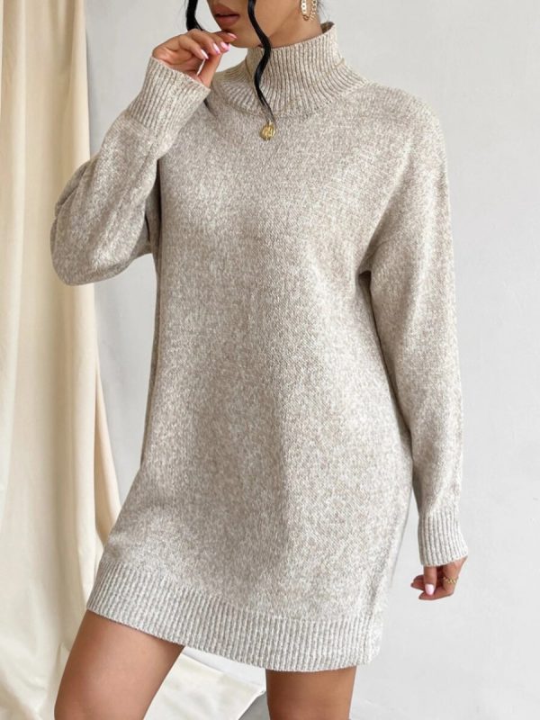 Solid color elegant knitwear women pullover turtleneck knitted casual one piece dress