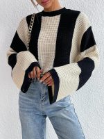 knitwear women fashion autumn winter round neck oversize pullover jumpers striped knitted casual sweaters