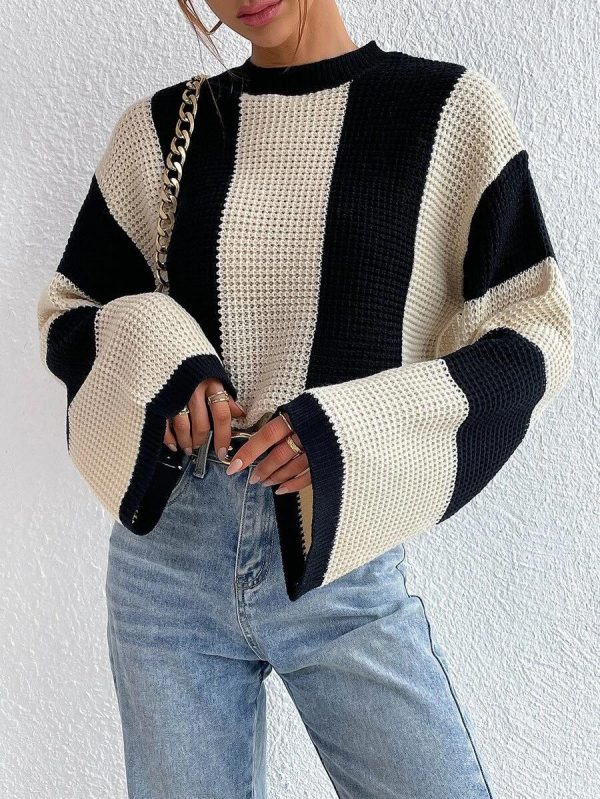 knitwear women fashion autumn winter round neck oversize pullover jumpers striped knitted casual sweaters